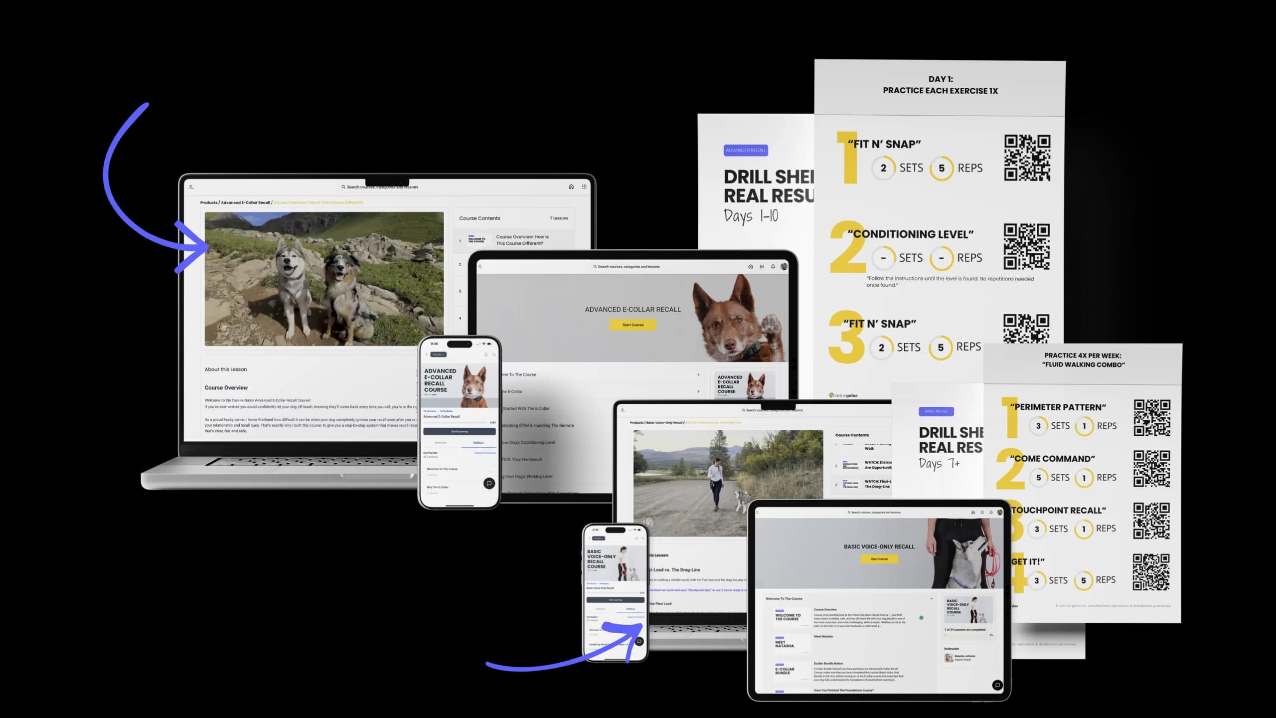 Course materials — video tutorials, drill sheets, and progress tracker on device mockups
