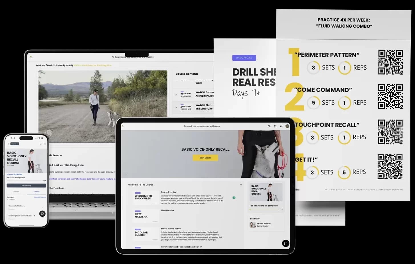 Course materials — video tutorials, drill sheets, and progress tracker on device mockups