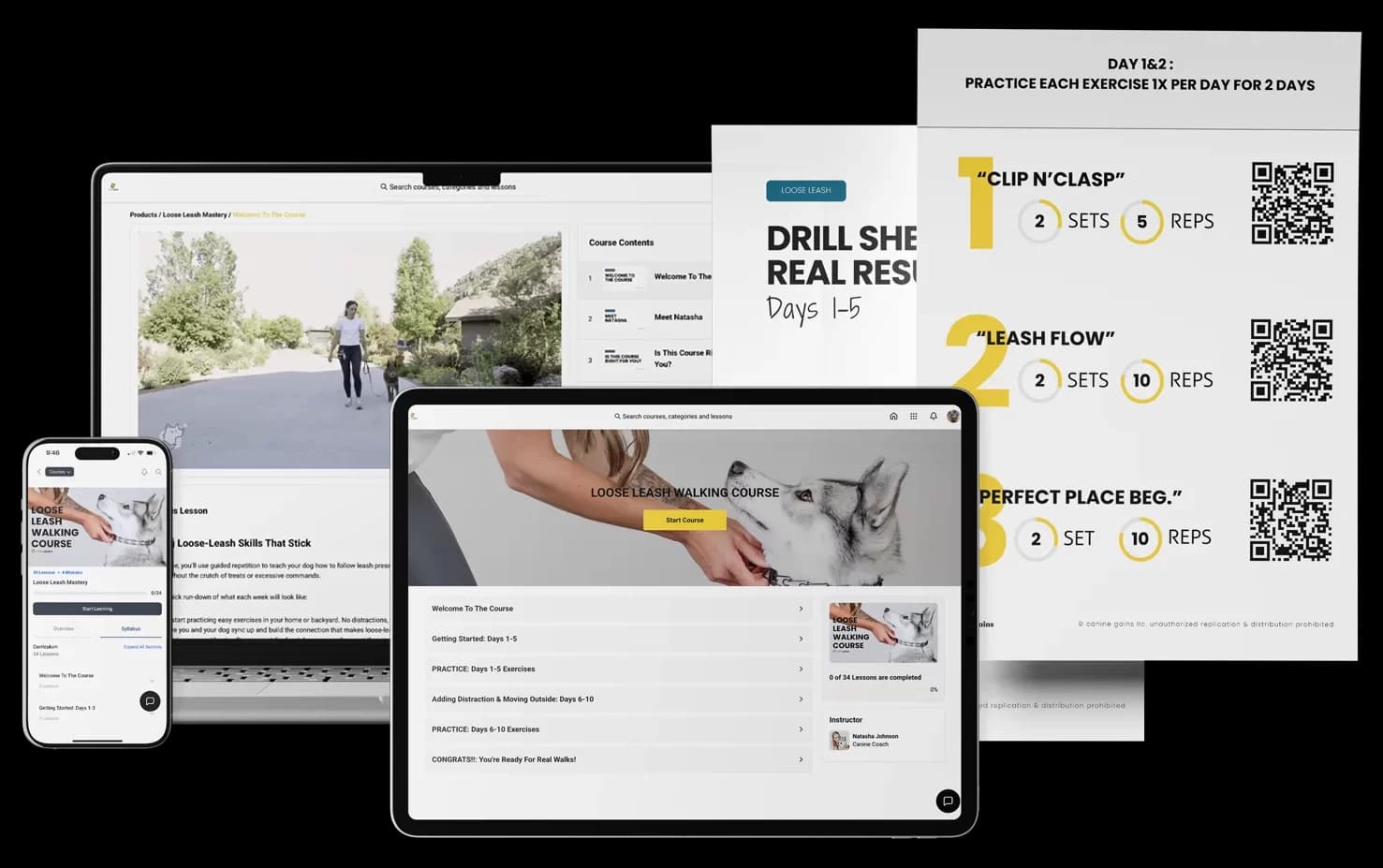 Course materials — video tutorials, drill sheets, and progress tracker on device mockups